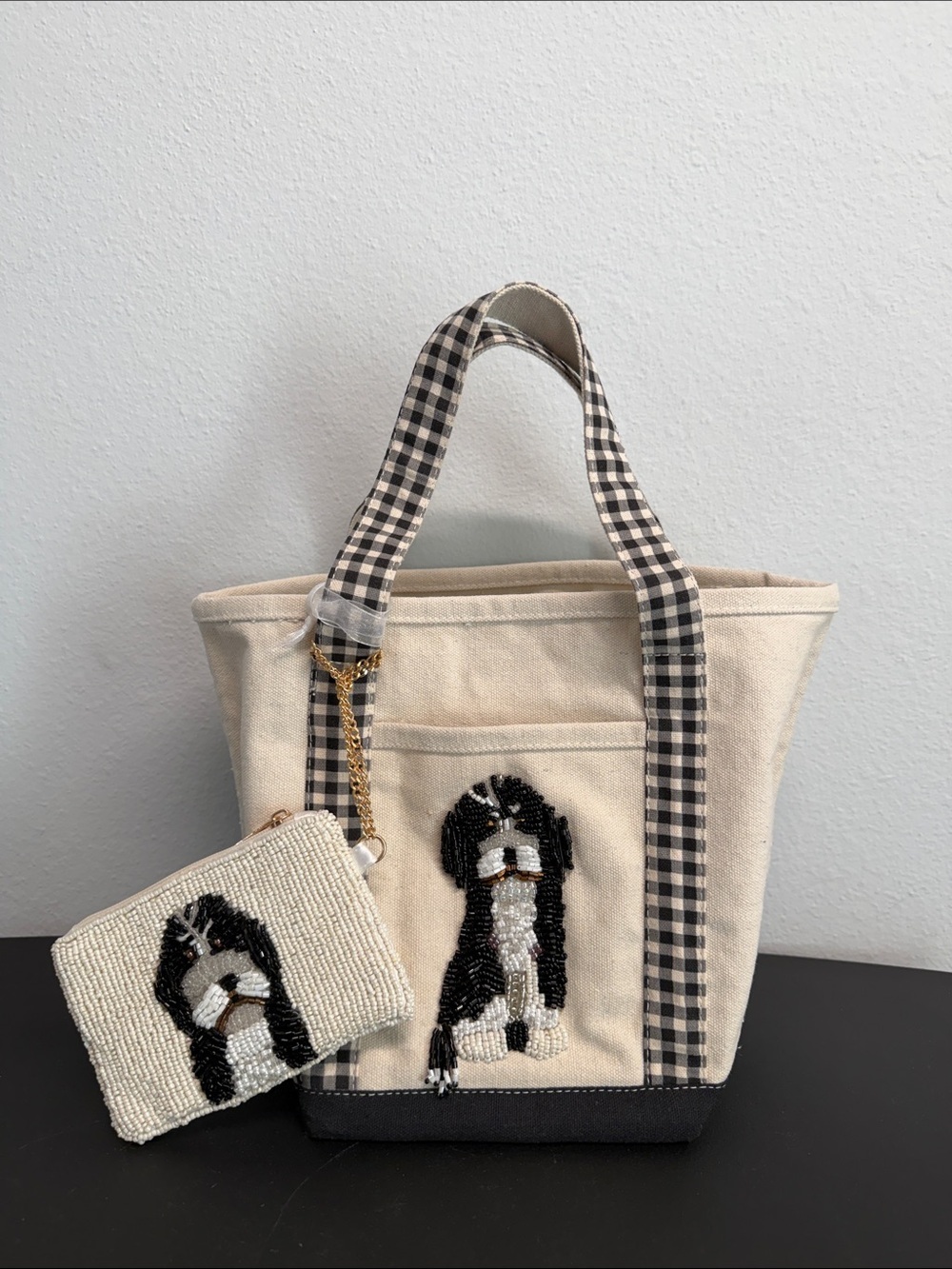 Made In India | Canvas Gingham Beaded Black
Shih Tzu Tote Bag w/ Matching Pouch